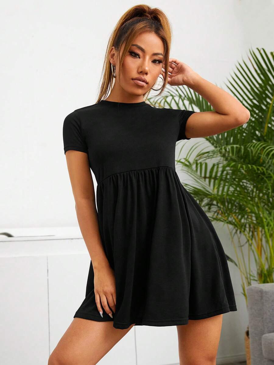 SHEIN LUNE Đầm ngắn trơn màu dành cho nữ, kiểu dáng thường ngày cho mùa hè. - màu đen - Xem 1