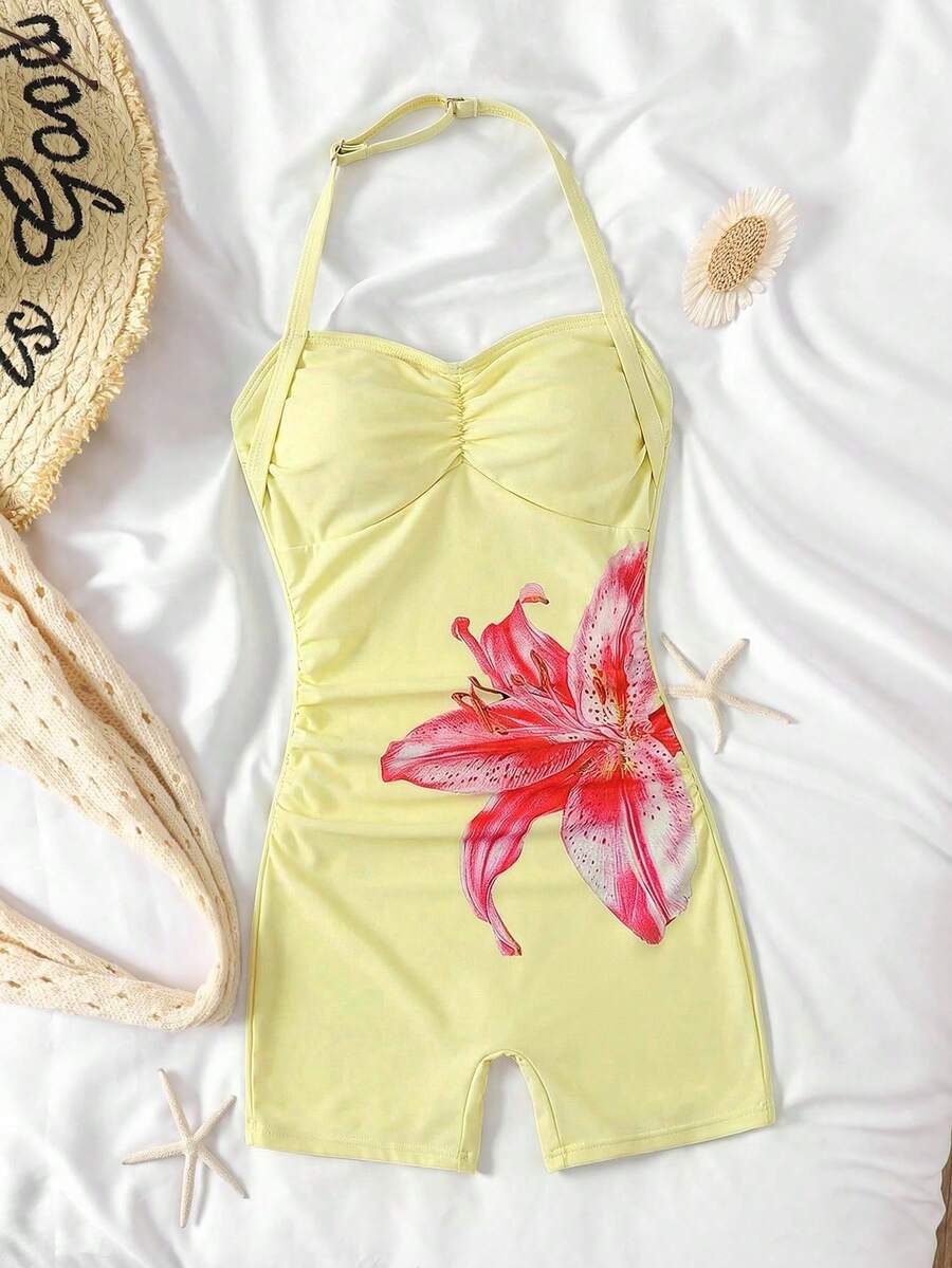 SHEIN Tween Girl Spring Summer Casual Beach Vacation Strapless Bandeau Ruched Lily Large Floral Black Base Print One-Piece Swimsuit - Apricot - View 1