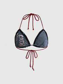 ROMWE Avant Áo crop top denim gợi cảm thắt dây, thêu logo khẩu hiệu phong cách Y2K dành cho nữ. - Rửa tối - Xem 2