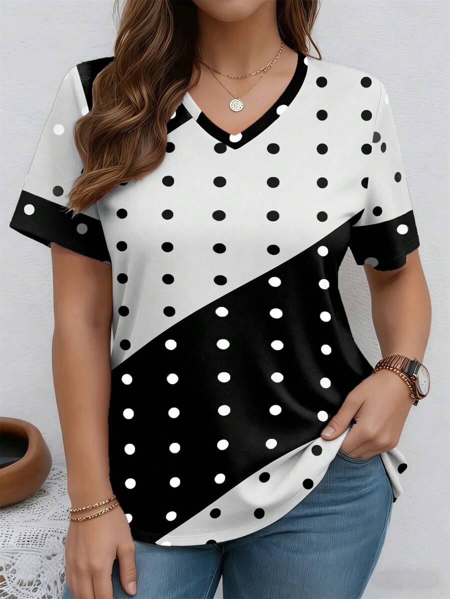 EMERY ROSE Tricou casual cu mânecă scurtă, decolteu în V, model cu buline, mărime mare, primăvară-vară - Multicolor - Vizualizare 1