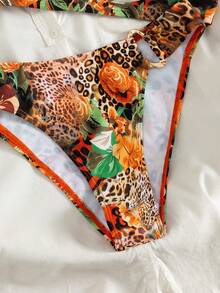 Swim Vcay 女士豹纹花卉印花金属链条单肩高衩裤装时尚优雅性感比基尼套装，适合海滩、音乐节、春夏等场合 - 彩色 - 查看 4