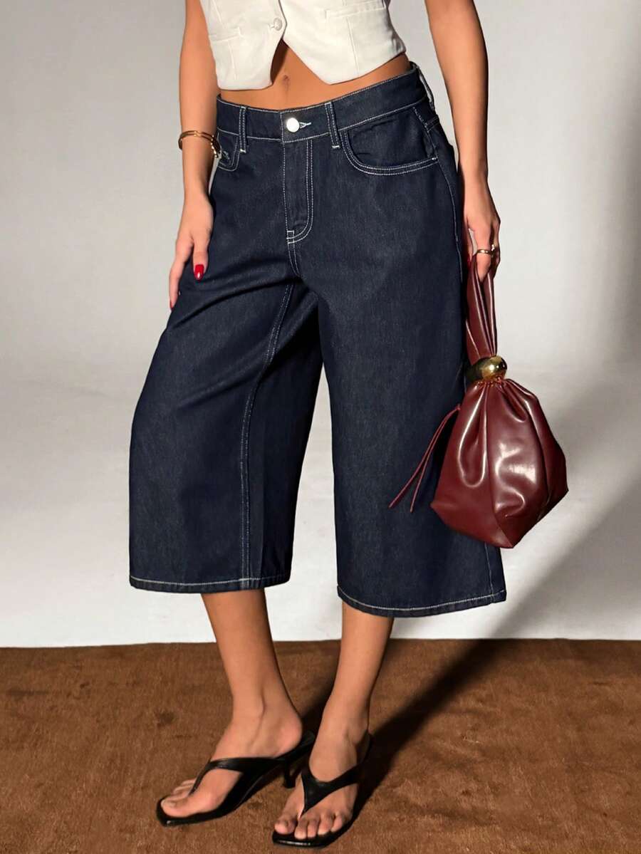 SHEIN Woman's Casual Style Dark Blue Washed Low Waist Bermuda Denim Jean Button Front - Dark Wash - View 1