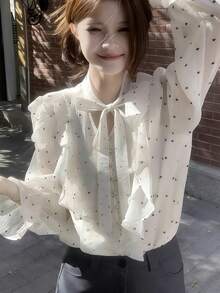 FRIFUL 女士休闲波点印花打结领荷叶边下摆衬衫，秋夏季 - 杏色 - 查看 2