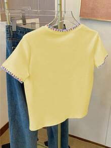 Franclia Women's Round Neck Color Block Casual Versatile Daily Wear Short Sleeve T-Shirt - Yellow - View 2