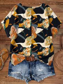 Linhara 加大码随机几何印花镂空领蝙蝠袖衬衫 - 彩色 - 查看 2