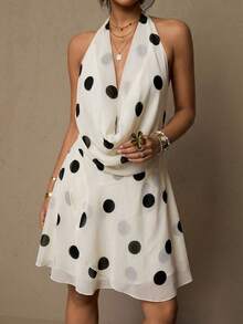 Freevana Plus Size Women's Polka Dot Halter Backless Dress,Black And White Summer Elegant Wedding Guest Boho Chiffon Retro Hippie Island Vacation Beach Party - White - View 7