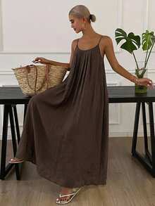 DAZY New Summer Beach Holiday Loose Backless Spaghetti Strap Dress - Brown - View 4