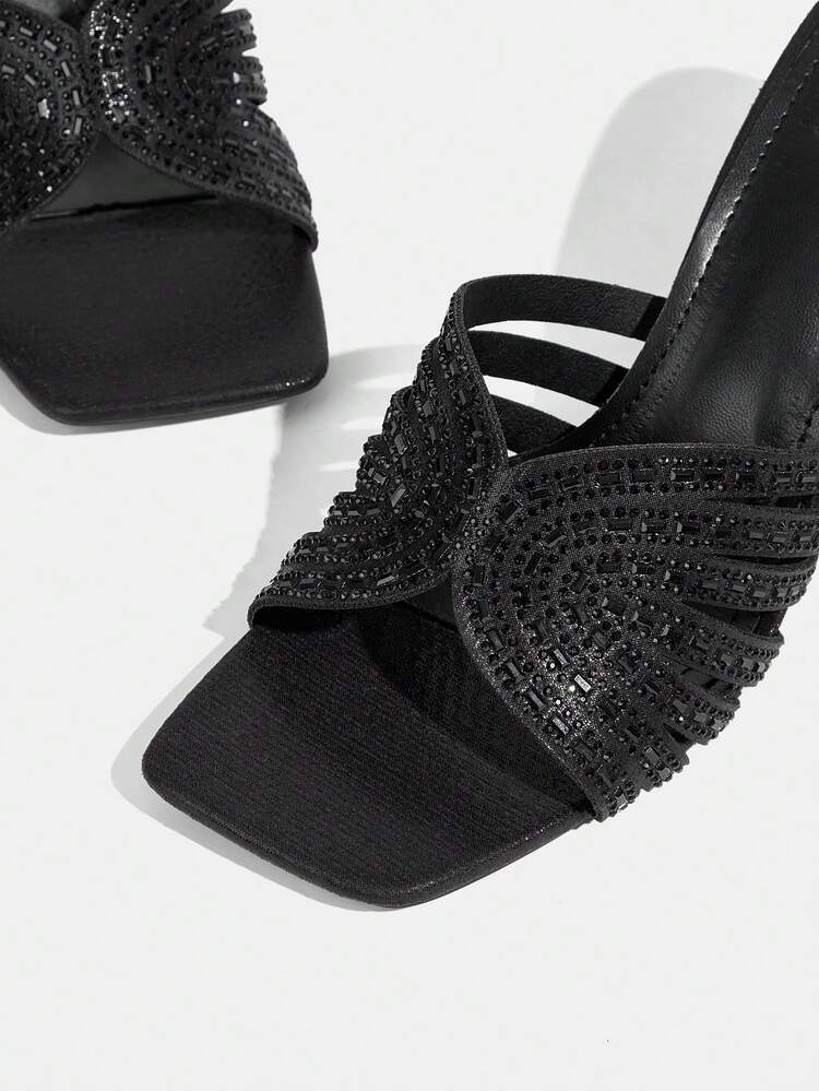 CUCCOO TILAWA Women Shoes Square Toe Slender Heel Black Full Diamond Pedal Open Toe Women's High Heel Sandals Slippers With Skirt Fashion Gorgeous Banquet Party Women's Sandals Women's Shoes