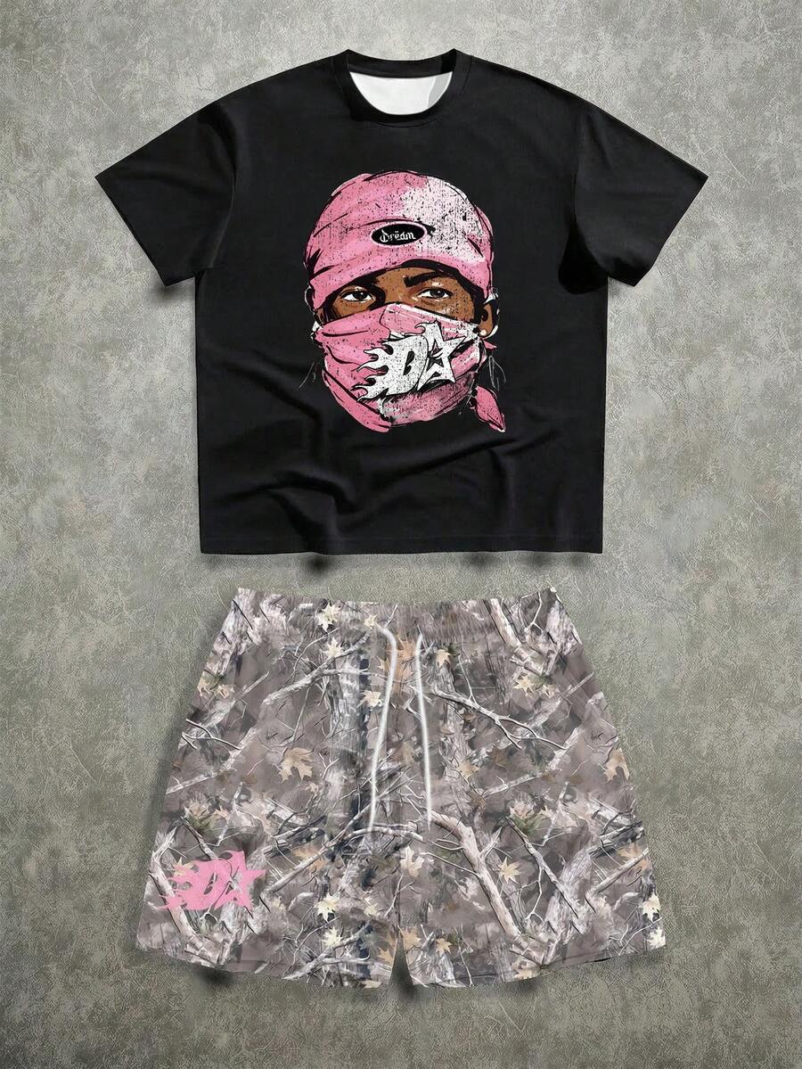 Manfinity ZONE917 Men's Minimalist Printed Round Neck Short Sleeve T-Shirt And Shorts Set - Multicolor - View 1