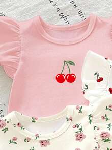 SHEIN Gentle Purple Stripe, 3D Bow Pattern, Young Girl Casual Simple Versatile Round Neck Cap Sleeve T-Shirt 1pc Suitable For Spring/Summer Daily Wear, - Multicolor - View 3