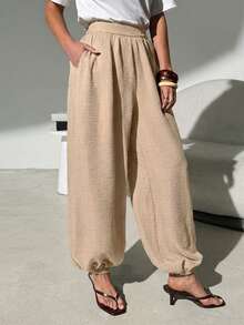 Lavishia Women's Casual Balloon Pants, Comfortable & Versatile Coffee Color Long Pants, Spring/Summer - Khaki - View 10