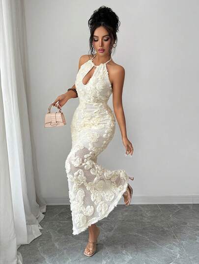 Selianne 女士夏季度假休闲优雅刺绣纹理连衣裙，无袖露背领