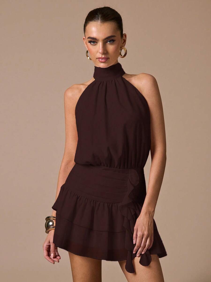 SHEIN BAE 无袖荷叶边下摆纯色迷你连衣裙，优雅甜美可爱修身款，适合浪漫约会、派对、正式聚会、伴娘礼服、夏季连衣裙、下午茶派对、新年、情人节、生日等场合，粉色连衣裙 - 咖啡棕 - 查看 1