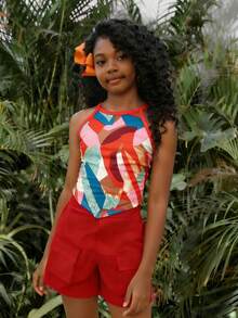 Bộ 2 món cho bé gái, thích hợp mặc đi biển, phong cách nhiệt đới, gồm áo tank top móc cổ bất đối xứng và quần short cargo, đồ đôi cho chị em gái. - Nhiều màu - Xem 1