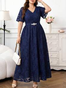 Reflora Elegant Blue Chiffon Plus Size V Neck A Line Long Dress With Flounce Sleeves For Formal Party - Blue - View 3