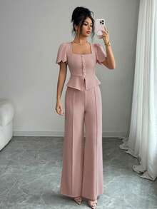 SHEIN Elenzya Bộ đồ công sở thanh lịch, thời trang dành cho nữ gồm 2 món: Áo thun cổ vuông tay ngắn cài cúc vạt lệch và quần ống đứng cạp cao co giãn. - Hồng - Xem 8