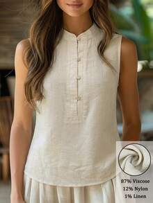 Zayélia Linen-Like Bamboo Knot Half-Placket Casual Vacation Shirt For Women - Apricot - View 1