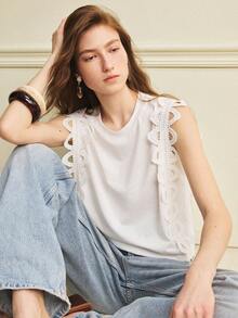 Écloséra 法式休闲T恤，夏季蕾丝边无袖落肩上衣，白色T恤 - 白色 - 查看 3