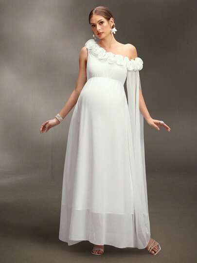 Cheriluna Maternity Vestido de maternidad de ajuste holgado de unicolor con decoración floral 3D y abertura lateral, adecuado para sesión de fotos de maternidad