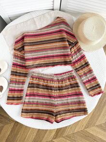SHEIN 2pcs Tween Girl Colorful Striped Asymmetric Shoulder Long Sleeve Top And Shorts Set, Suitable For Beach & Vacation - Multicolor - View 2