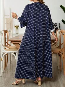 SHEIN CURVE+ 大码女式休闲度假圆领七分袖波点、格子和条纹拼接连衣裙，秋季 - 彩色 - 查看 2