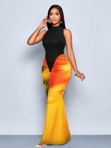 SOLERSUN Đầm maxi ôm sát gợi cảm và thanh lịch, thích hợp cho đi làm, dự tiệc, đi biển, hẹn hò, mùa xuân/hè, phong cách nhiệt đới, họa tiết hoa chuyển màu, kiểu cổ điển. - Màu vàng - Xem 6