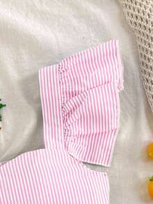 SHEIN Áo sơ mi nữ tuổi teen kiểu dáng đơn giản, thoải mái, cổ vuông, bèo nhún, kẻ sọc. - Hồng - Xem 5