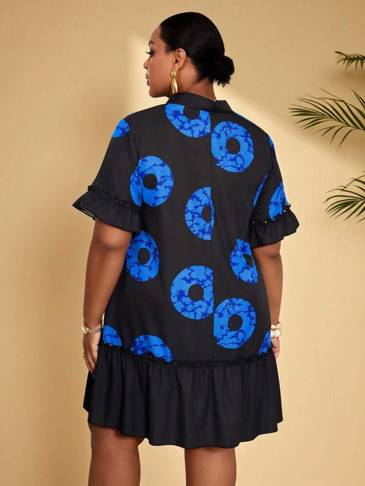 Plus Size Women Geometric Print Pleated Casual Party & Travel Dress Summer Dress  Summer Outfits Summer Clothes Spring Dress Spring Outfit Women Spring Clothing Floral Dress Floral Dresses For Women Beach Vacation Outfits For Women Vacation Dress Bohemian Polka Dot Dress  Ruffle Dress Summer Holiday Outfits