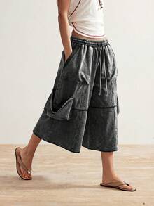 Bohemela Casual Solid Color Knit Loose Capri Pants - Black - View 5