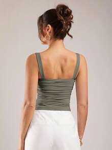Silquee Women's Elegant Solid Color Ruched Fitted Camisole, Summer - Army Green - View 2
