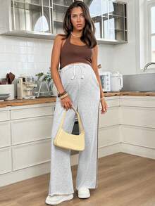 SHEIN Quần bầu dáng rộng, kẻ sọc phối màu, cạp chun, kiểu dáng thường ngày. - Xám - Xem 3