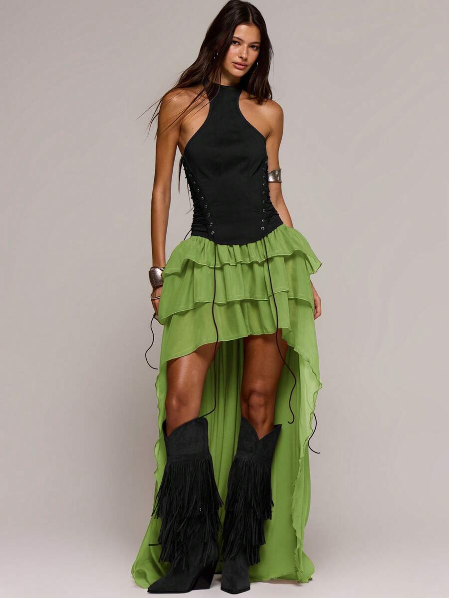 MUSERA Mesh Layered Ruffle Mini Skirt Spring Summer Sexy Date Night Club Festival Holiday Night Out Vacation Spring Outfits Soul Ties Party - Olive Green - View 1