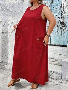 SHEIN CURVE+ Đầm nữ dáng ôm US22, màu trơn, cổ tròn, không tay, kiểu dáng thường ngày, có túi, thích hợp cho lễ hội âm nhạc, kỳ nghỉ bên bờ biển, phong cách Bohemia. - Màu Đỏ Sâu - Xem 4