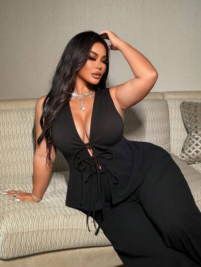 NU&NOW Plus Size Vintage Casual Commute Business Interview Sleeveless Tie Blazer Jacket And Wide Leg Pants Suit