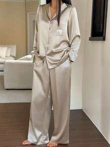 DAZY Satin Printed Decorative Women Pajama Set, Winter Clothes - Khaki - View 3