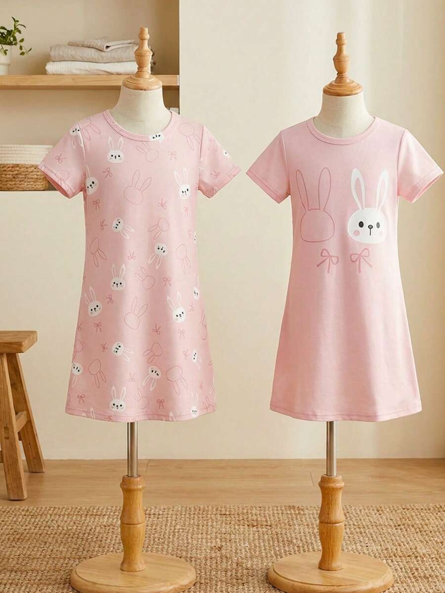 Bộ 2 món đồ ngủ ngắn tay dài tay in hình cừu hoạt hình dễ thương tối giản cho bé gái, màu hồng và xám. - Hồng - Xem 1