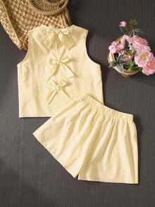 SHEIN Tween Girls Blue And White Stripe,Summer,Cute,Vacation Butterfly Back Tank Top & Shorts Co-Ord Set,2 Piece Textured Fabric Yk2k Youth Kids Outfits - Yellow - View 5