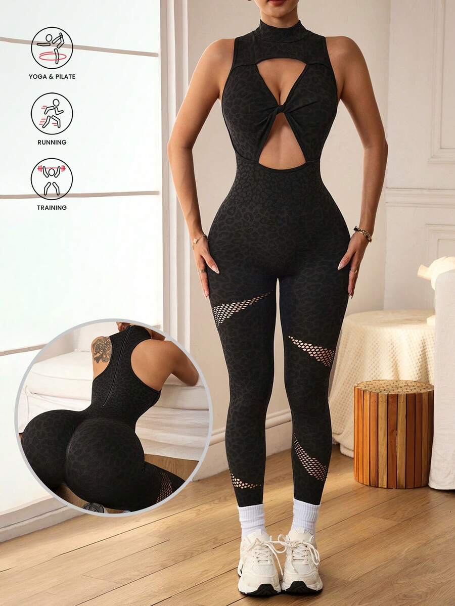 Slayform 1件装女士无缝性感网纱前扭拉链立领无袖跑步健身瑜伽舞蹈体操连体衣 - 黑色 - 查看 1