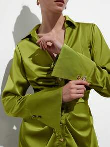 Aveloria Modichic Women's Elegant Lime Green Satin Dress,Autumn Slim Fit Ruched Design Button Up Lapel V-Neck Flare Sleeve Short Green Wedding Guest Dress For Brunch - Green - View 4