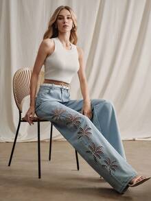 Anewsta Quần jeans nữ ống đứng màu xanh dương sang trọng, gợi cảm, khoét lỗ, thêu họa tiết, thích hợp cho tiệc tùng, du lịch, mùa xuân/hè. - Màu xanh lam - Xem 2