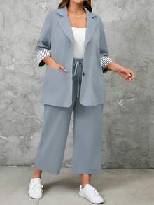 EMERY ROSE 2pcs Plus Size Striped Cuff Long Sleeve Top And Pants Set Fall - Dusty Blue - View 3