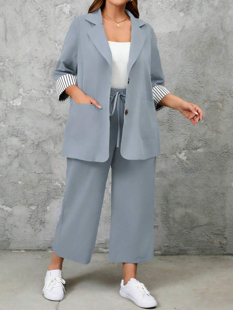 EMERY ROSE 2pcs Plus Size Striped Cuff Long Sleeve Top And Pants Set - Dusty Blue - View 3