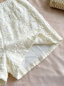 SHEIN 少女杏色针织纹理V领吊带露背上衣搭配松紧腰短裤，适合返校季穿着，休闲少女连衣裙，夏季少女连衣裙 - 杏色 - 查看 3