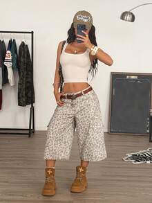 Muchica Women's Leopard Print Low Waist Wide Leg Cargo Capri Jeans - Multicolor - View 2