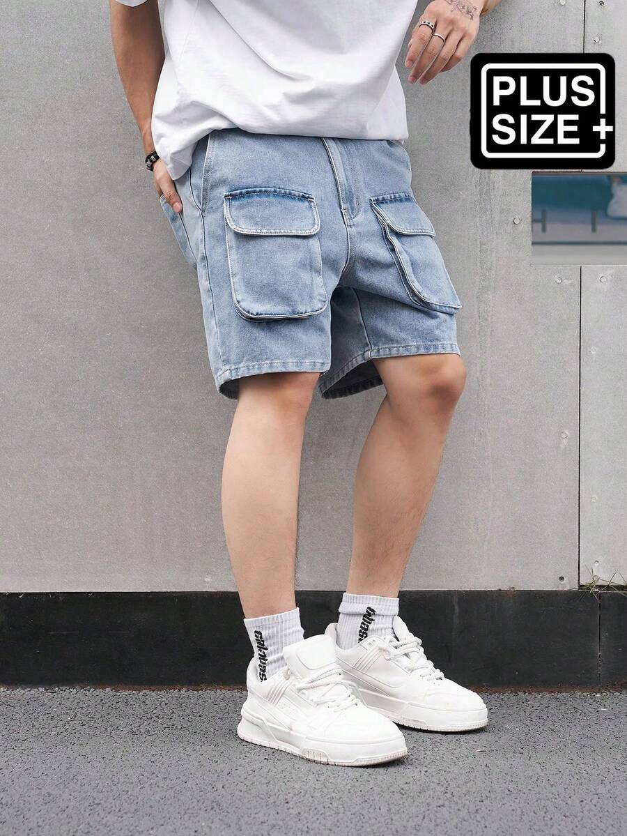 Manfinity Hypemode Plus Size Men's Casual Denim Cargo Shorts For Summer - Blue - View 1