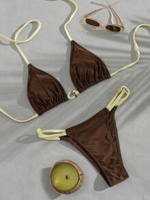 Swim Mod Bộ bikini mùa hè gồm áo croptop phối màu trơn với viền oval nhuộm tie-dye, dây buộc cổ và quần bơi có dây buộc bên hông. - Nhiều màu - Xem 4