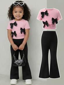2pcs/Set Young Girl Cute Bow Decor Pink T-Shirt And Black Flared Pants Set Young Girl Outfit Sets Young Girl Outfits Sets Pants Tween Girls Clothing Bow Outfit Kid Girl Clothes Set Children Fashion Girlset Suitable For Daily Wear, Spring & Summer Outfits Suitable For Summer, Street Style, Casual Campus Sports, Outdoor Picnic, Street Photography, Home Girls Flared Pants Sets Young Girls Outfit Sets Girls 2 Piece Trouser Set - Pink - View 3