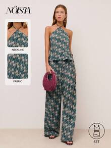 Nöista Top Pants Set In Floral Print Top With Halter Neckline Wedding Guest Look.Floral For Festival Summer Spring Outfit Festival Graduation Bridesmaid - Dark Green - View 5