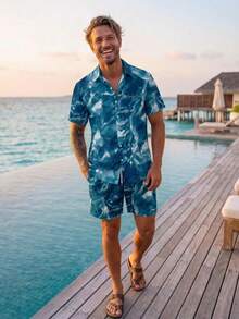 VIVINTIMO Bộ áo sơ mi nam màu xanh dương in họa tiết sóng, thích hợp cho các buổi đi chơi, hẹn hò, kỳ nghỉ trên đảo, phong cách thường ngày thoải mái, trang phục mùa hè tươi mát. - Nhiều màu - Xem 3