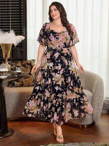 Modelyn Women's Square Neck Ruffle Sleeve Floral Print Waist Cinched Cake Skirt Dress, Romantic Vacation, Plus Size - Multicolor - View 6